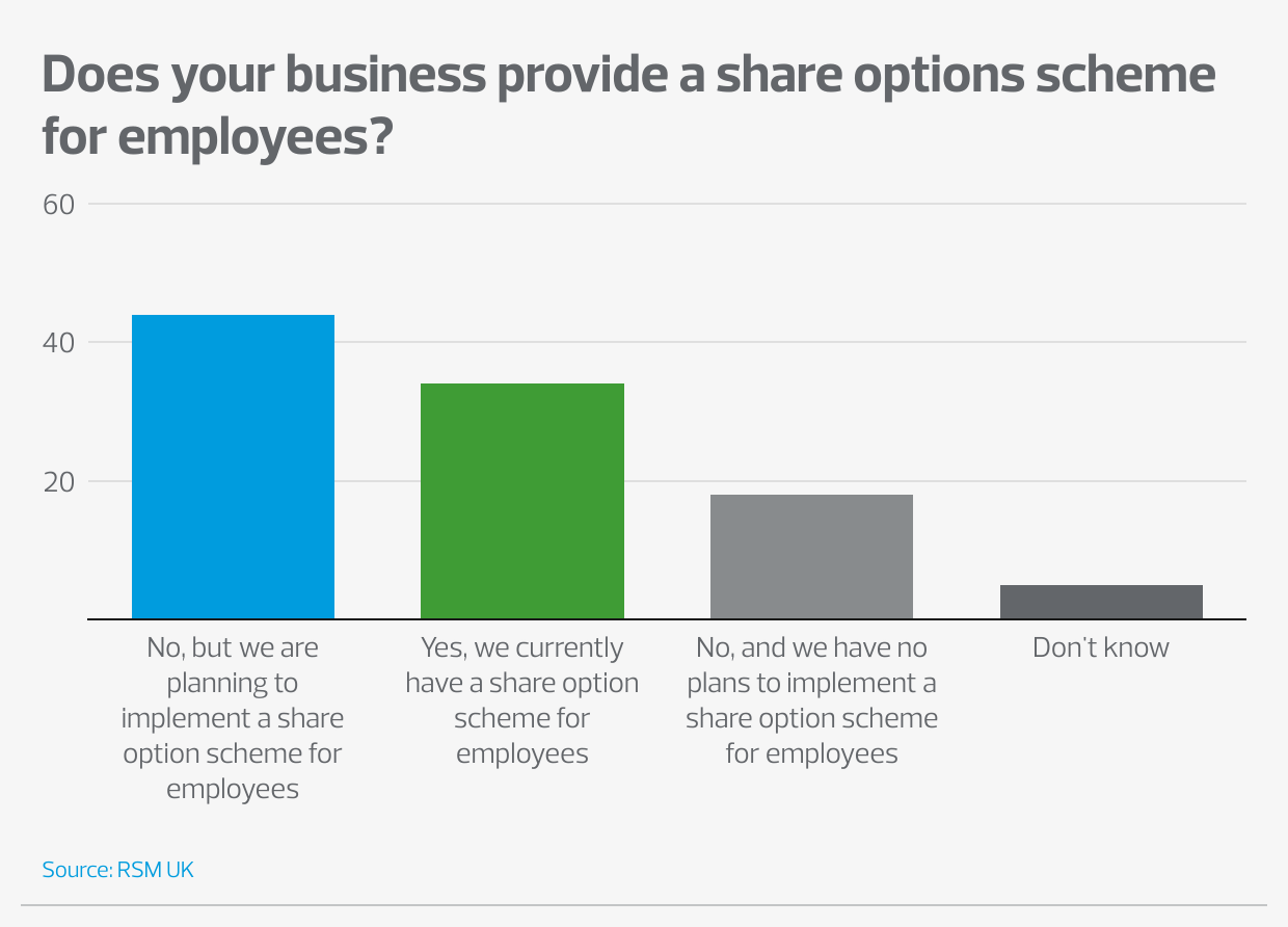 Graph asking: "Does your business provide a share options scheme for employees?" Replies covered in text above.