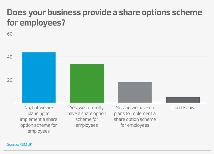 Graph asking: "Does your business provide a share options scheme for employees?" Replies covered in text above.